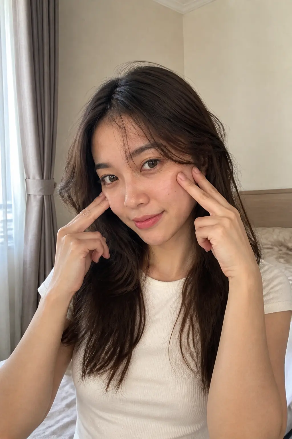 Wanita 30-an memeriksa daya pegas wajah di kamar