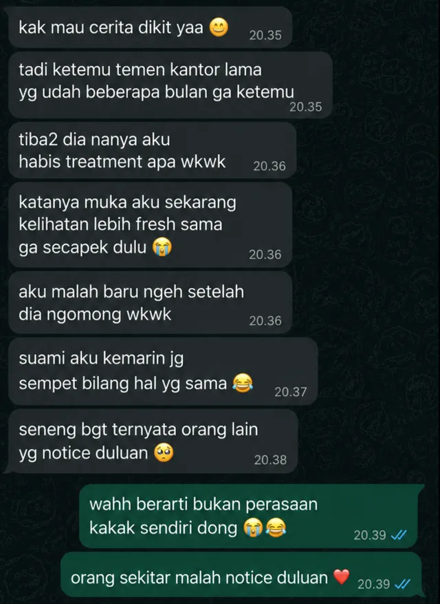 Testimoni WA: teman kantor bilang wajah lebih fresh